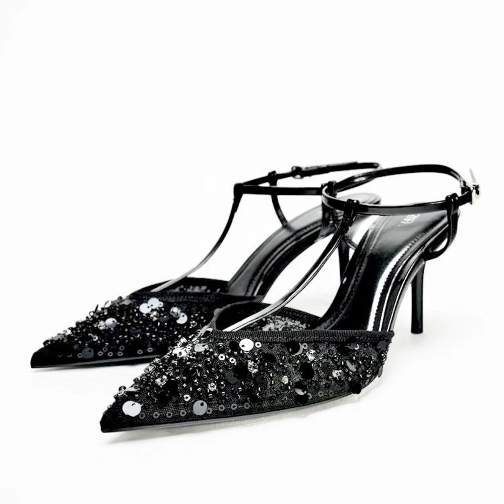 ZARA • Black Pointed Toe Beaded Embellished Slingback Stilettos Heels Size 36